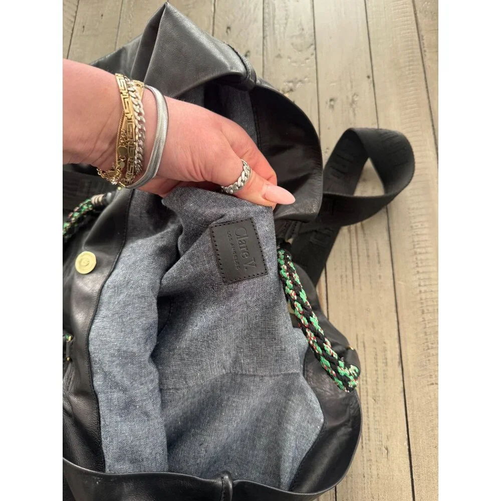 Black Leather Tote Bag with Braided Green Handle Clare V - Picture 8 of 9